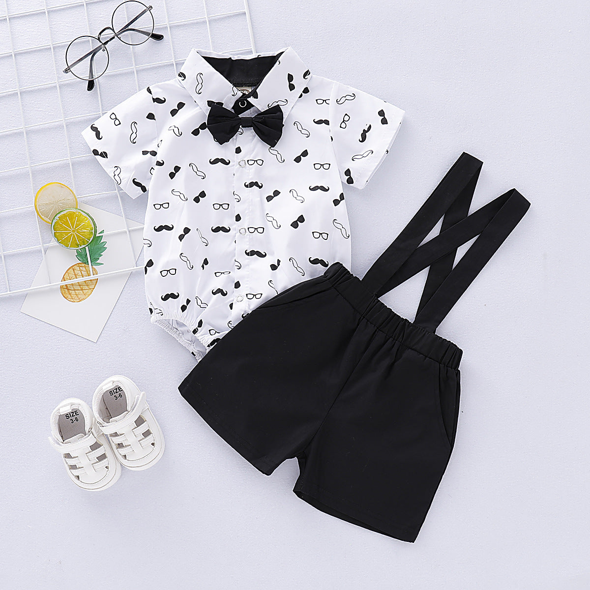 Printed Top Solid Color Suspender Suit