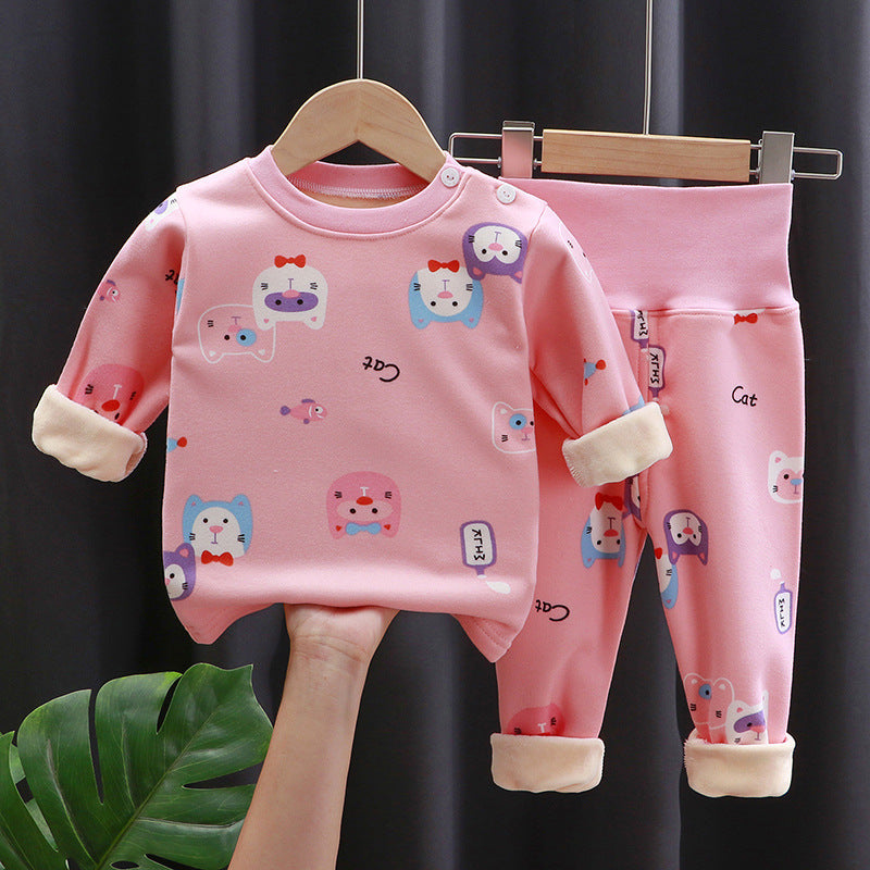 Boy Girls' Thermal Underwear Suit Fleece-lined Thick High Waist